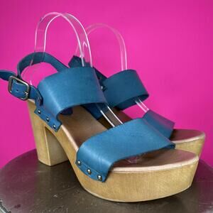 Agua Mediterranea Blue Leather Wood Block Heel Platform Sandal EU 41